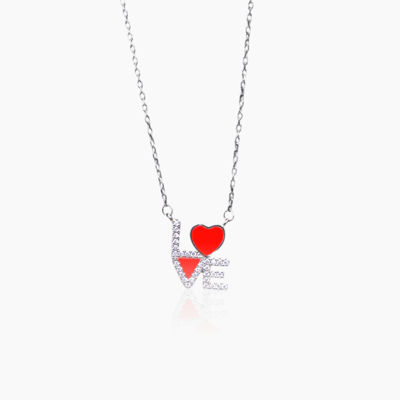Rose Red Silver Love Typography charm necklace