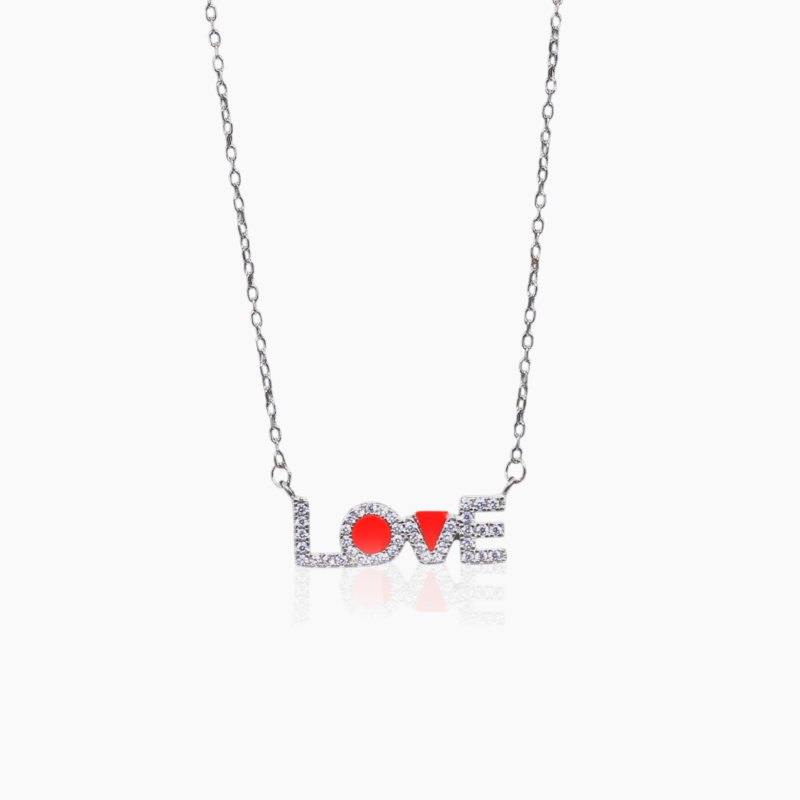 Red Heart with Silver Script Love Necklace