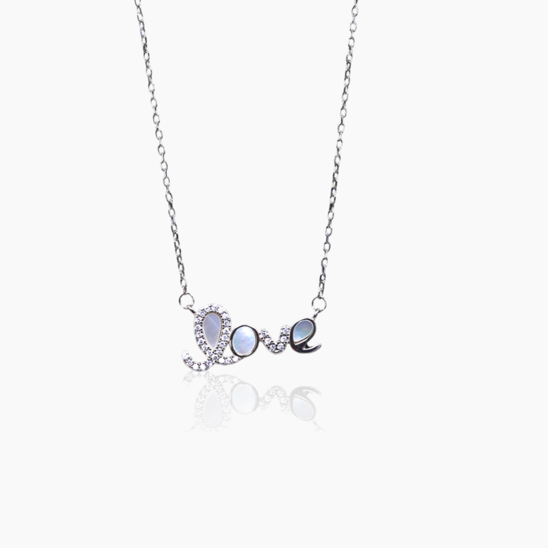 Zircon Studded sparkling silver love typography charm necklace
