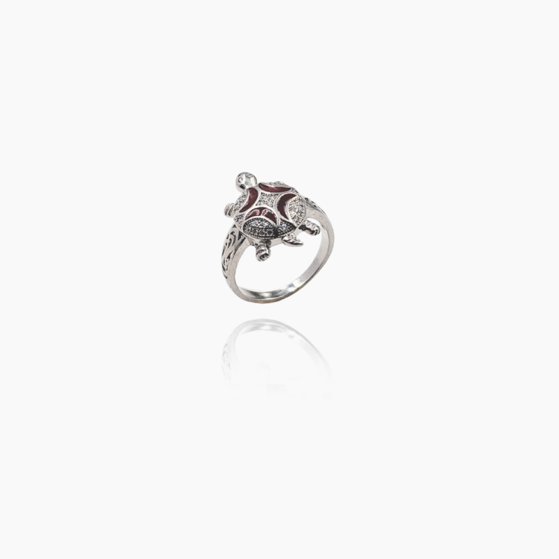 Silver Zirconia Tortoise with Brown Meenakari Work Kachua Ring
