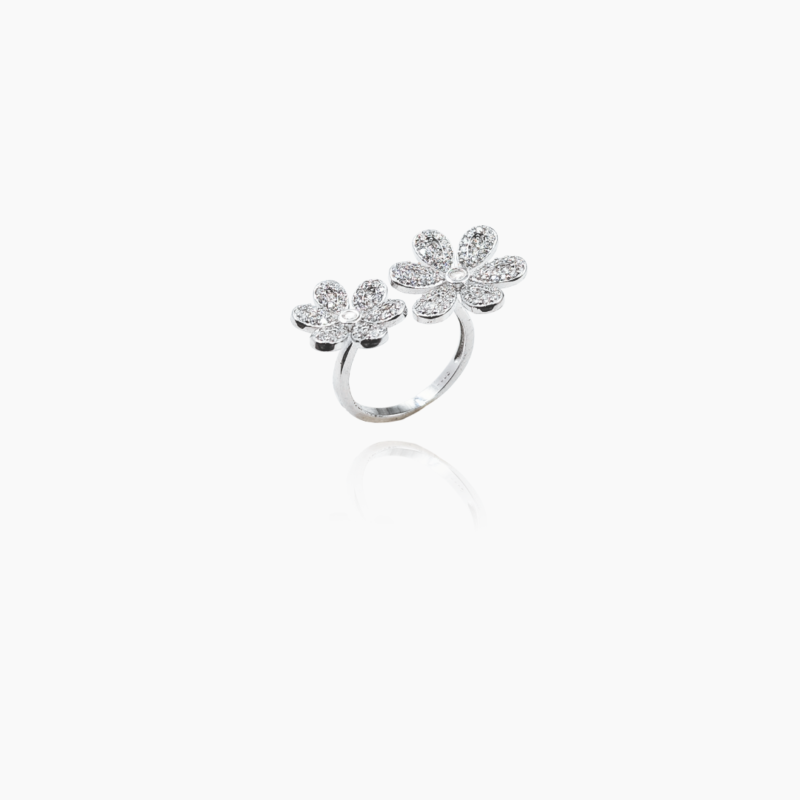 Zircon Filled Silver Dual Blooming Flower Ring, Adjustable