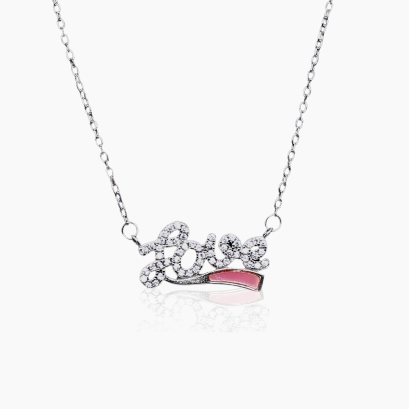 Pink affair Zircon Silver love Typography Charm Necklace