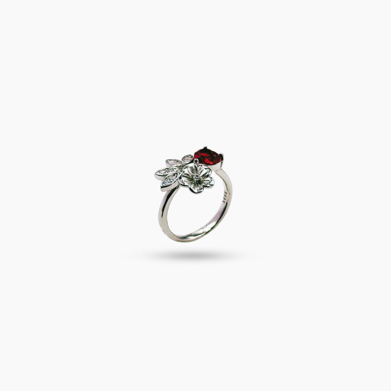 Blooming in Love Floral Red Stone Silver Ring