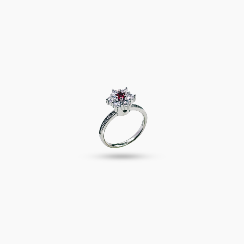 Dainty Floral Zircon Silver Ring with Pink Stone