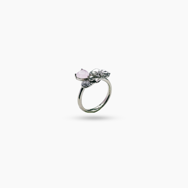 Zircon Studded Floral Silver Ring with Pink Heart Stone