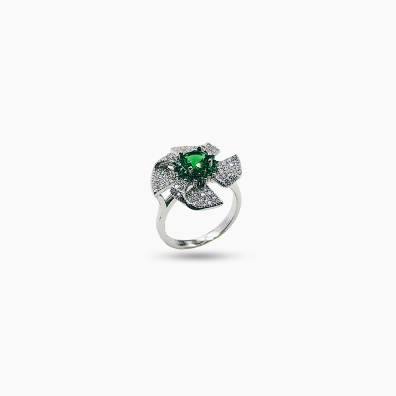 Inlaid green zircon stone floral silver ring