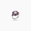 White & pink stone floral silver ring