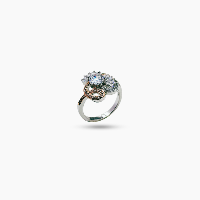 White stone rosegold peacock design silver ring
