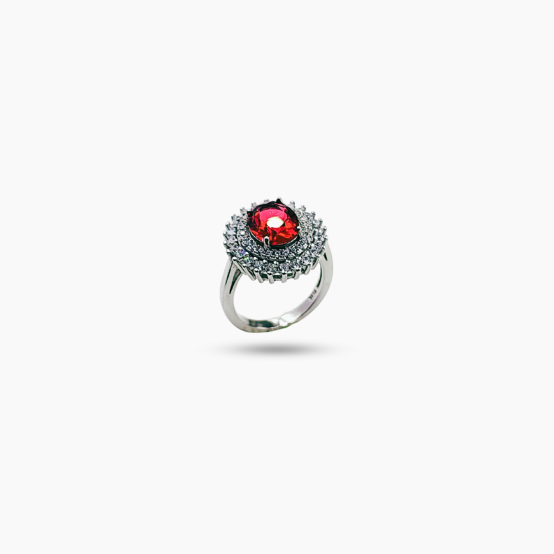 Zircon red stone blooming floral silver ring