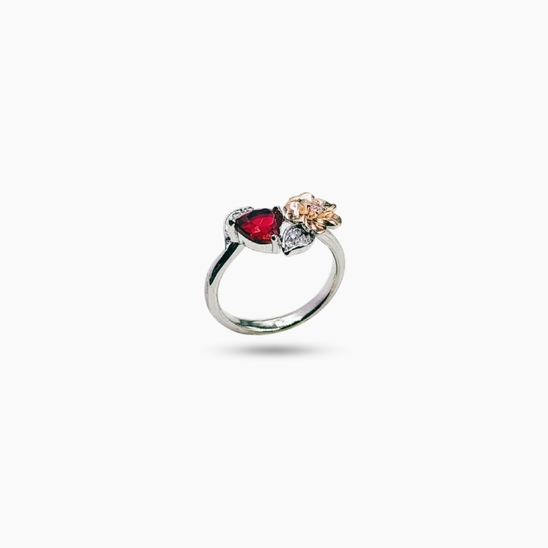 Blooming red heart rosegold floral silver ring