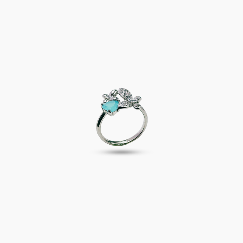Zircon studded twin butterfly green heart silver ring