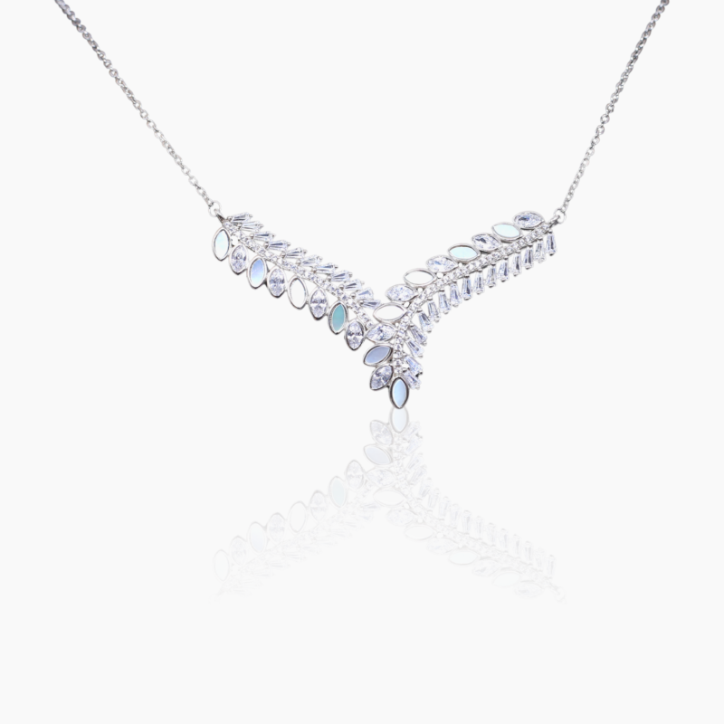 V shaped Silver Zircon Leaf Necklace