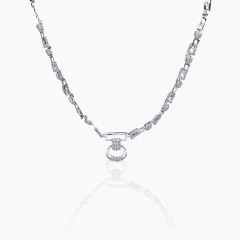 Interlinked Rectangle zircon studded silver necklace with Earrings