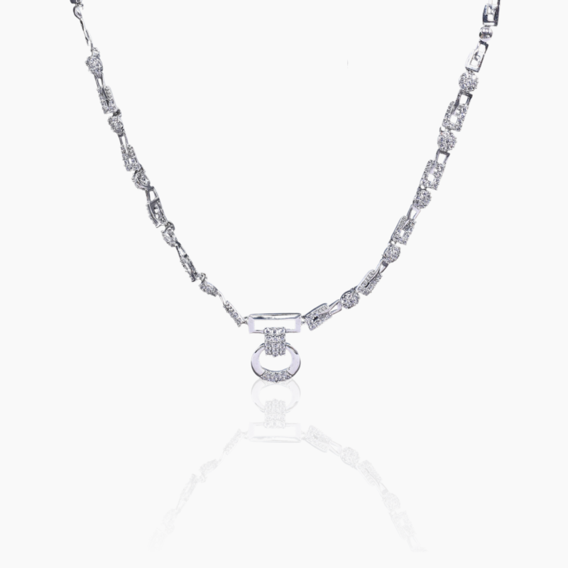 Interlinked Rectangle zircon studded silver necklace with Earrings