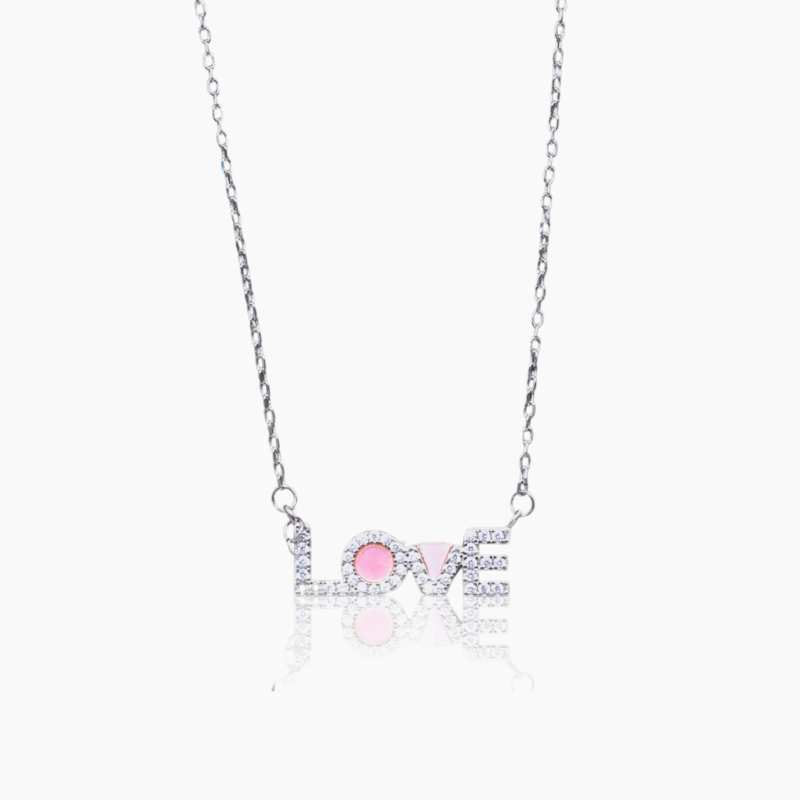 Pink blush silver love typography charm necklace