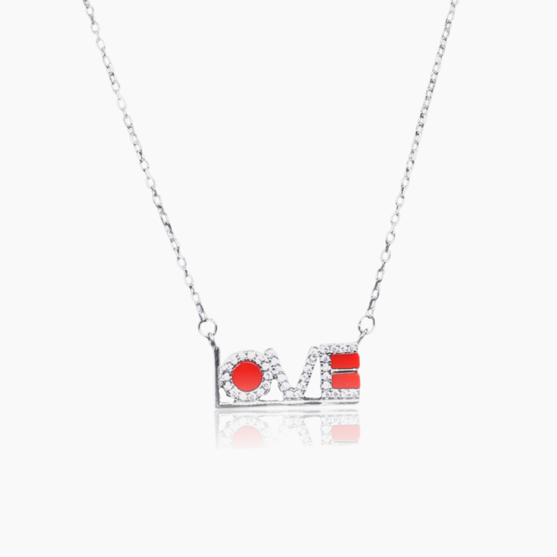 Red Heart Silver Script Love Necklace